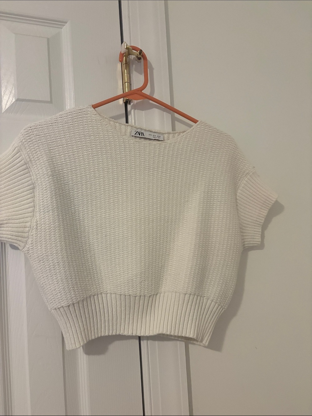 Zara Cream Textured Short-Sleeve Cropped Knit